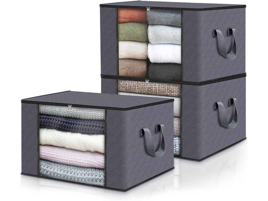 Cajas para guardar ropa, bolsas para guardar ropa, organizador de armario con asas reforzadas (gris oscuro, paquete de 3)