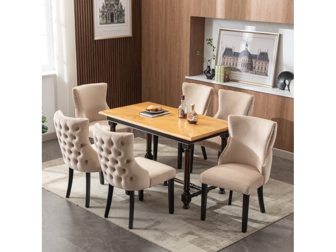 Juego De 6 Sillas Góndola De Terciopelo - Patas De Madera Maciza - Beige