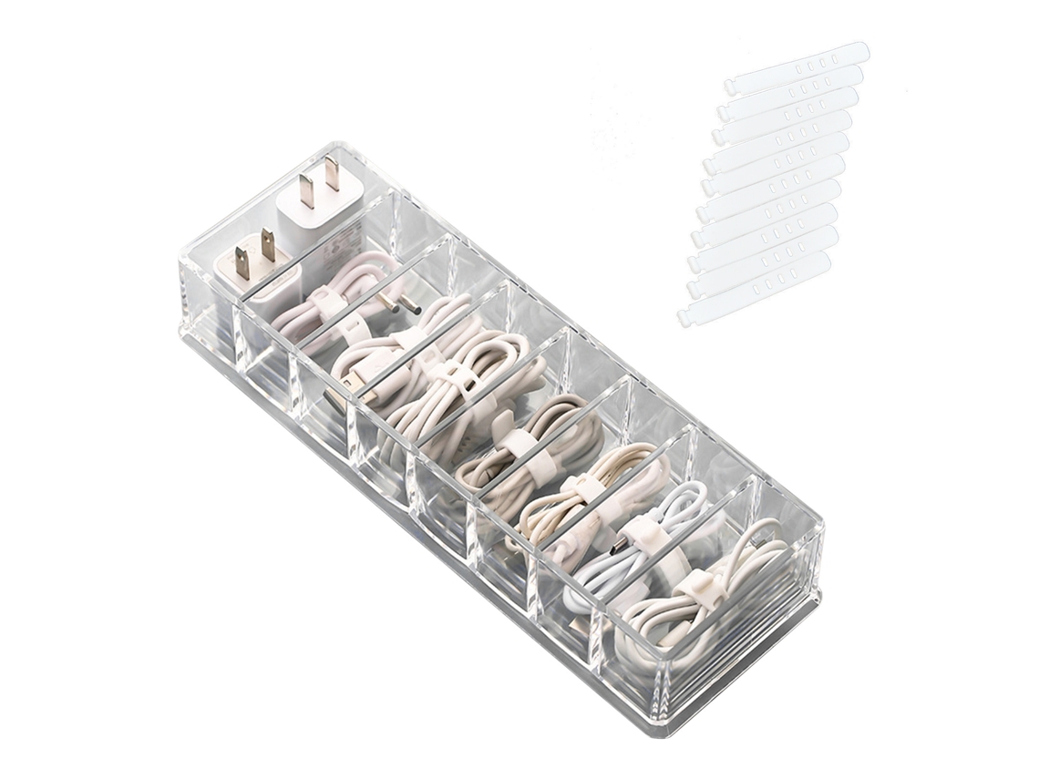Caja Organizadora De Cables De Datos Transparente Con Múltiples Compartimentos Y 10 Conexiones Para Escritorio Y Cajón.