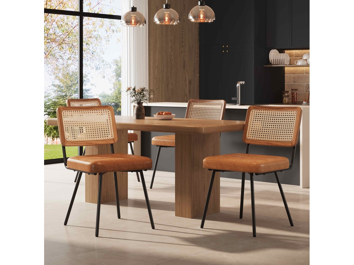 Silla de comedor ergonómica de 4 piezas, diseño retro, estilo cuero sintético marrón