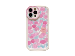 Capa De Celular Tpu Padrão Urso Flor Rosa Fundo Branco Com Buraco Para Cordão Para Iphone 13 Pro Max