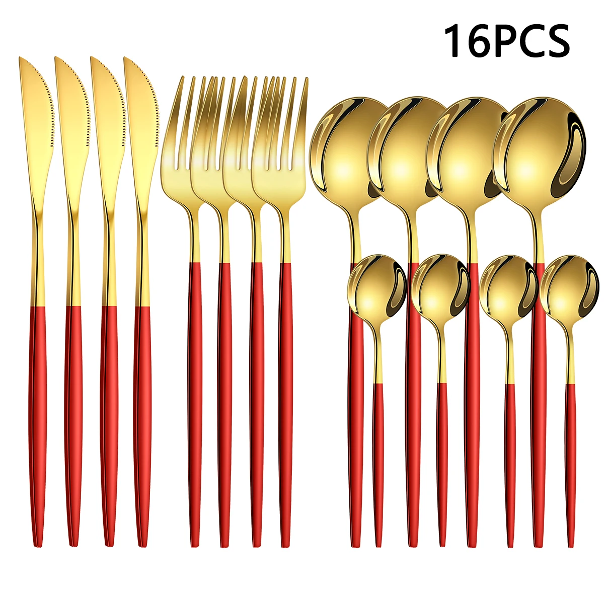 (16pcs Gold Red) Conjunto De Cubiertos De Acero Inoxidable, Incluyendo Western Steak Knife Y Tenedor Cuchara