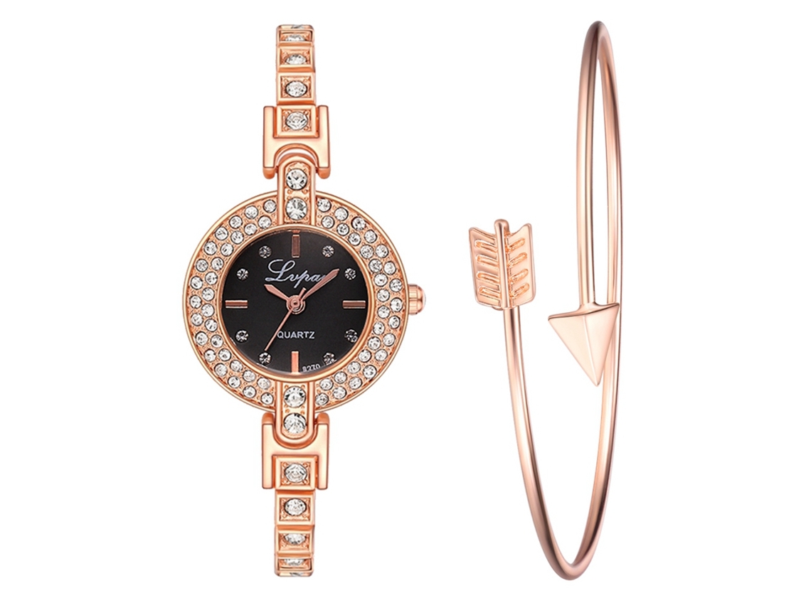 Reloj De Cuarzo Para Mujer Ivpai Con Brazalete De Aleación De Metal Y Diamantes De Imitación (oro Rosa Y Negro)