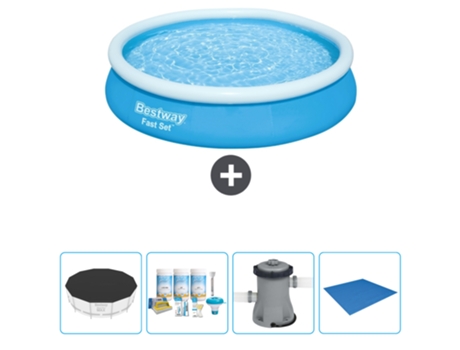 Piscina Hinchable Redonda Fast Set BESTWAY - 366 x 76 cm - Azul - Incluida Cubrir - Paquete de mantenimiento - Bomba - Suelo