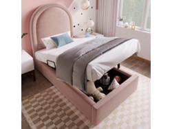 Cama Infantil 90x190 Cm, Tela De Terciopelo, Almacenamiento Con Elevador Hidráulico, Canapé De Lamas Incluido, Sin Colchón, Color Rosa