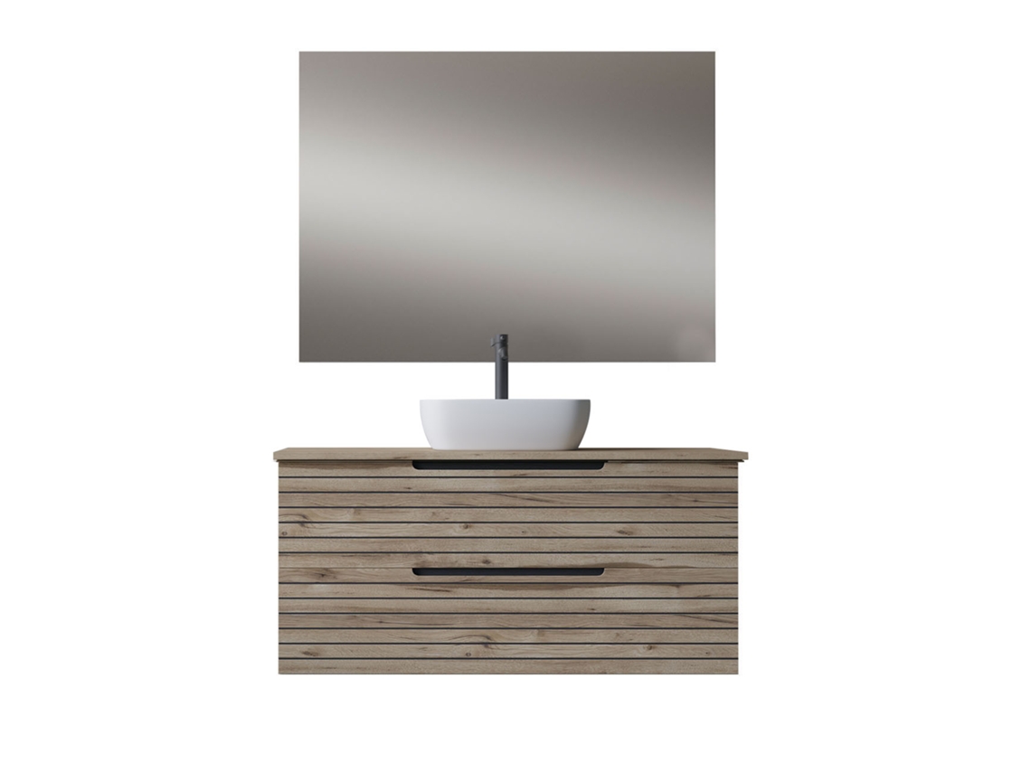 Mueble de Baño con Lavabo, Espejo y Luz Led Ken 100x45 Cm Acabado Desierto Mate 2 Cajones Suspendidos Kibath
