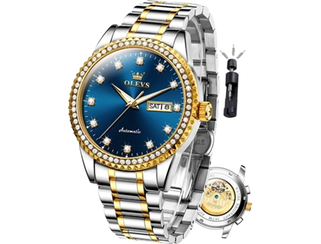 VEANXIN Reloj mecánico para Hombre Reloj Hueco Impermeable para Hombre(Plata Oro-Azul)