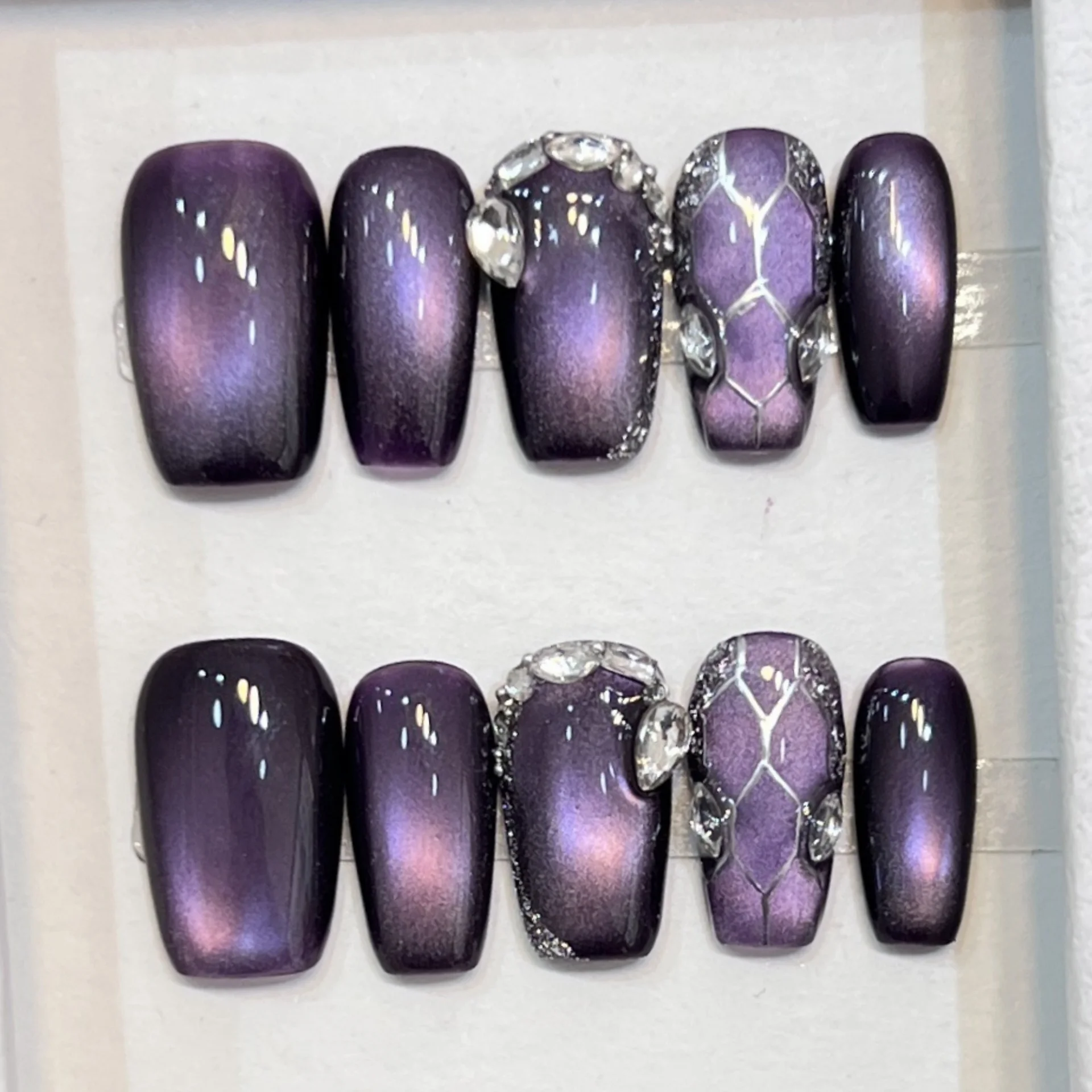 (886 -m) Uñas Postizas Hechas A Mano, 10 Piezas, Rectangulares Medianas, Estilo De Presión.