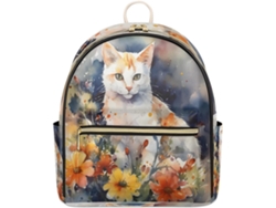 Mochila Tropicallife de piel con estampado de gato y flores en acuarela, impermeable.