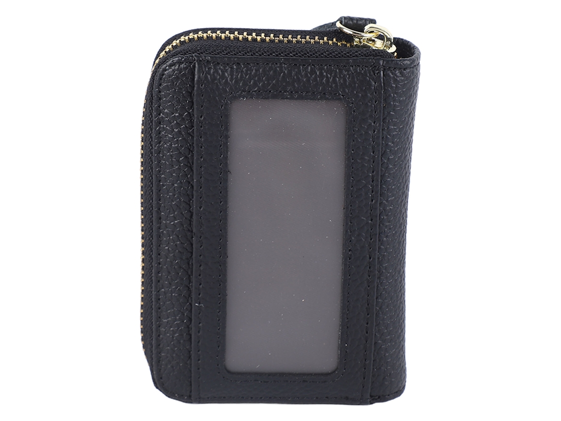 Tarjetero de piel negra con 10 compartimentos, compacto, con cremallera y ventana transparente, para viajes diarios al aire libre.
