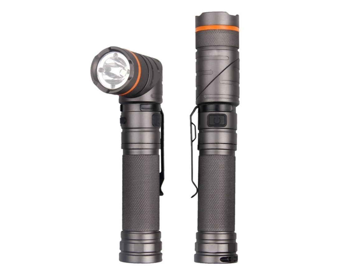 Linterna en forma de bolígrafo con curva de 90 grados, recargable vía USB con base magnética y batería de litio 18650 integrada.