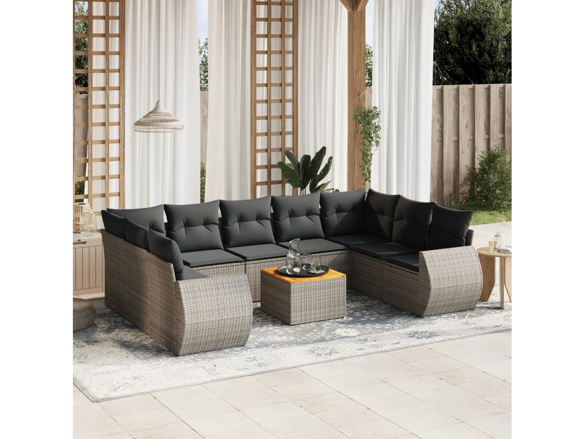 Conjunto de sofá de jardín de 10 piezas con cojines, ratán gris, DKD Home Decor