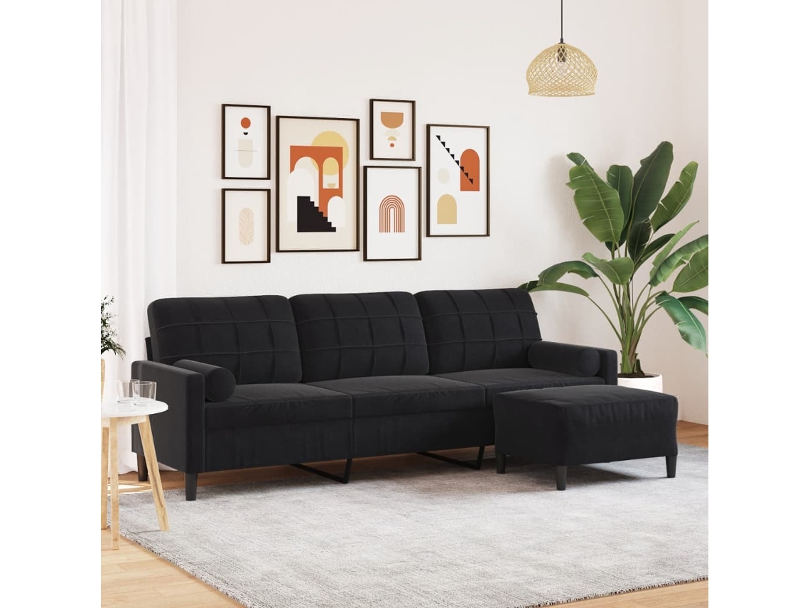 Sofá De 3 Plazas Con Taburete De Terciopelo Negro 210 Cm