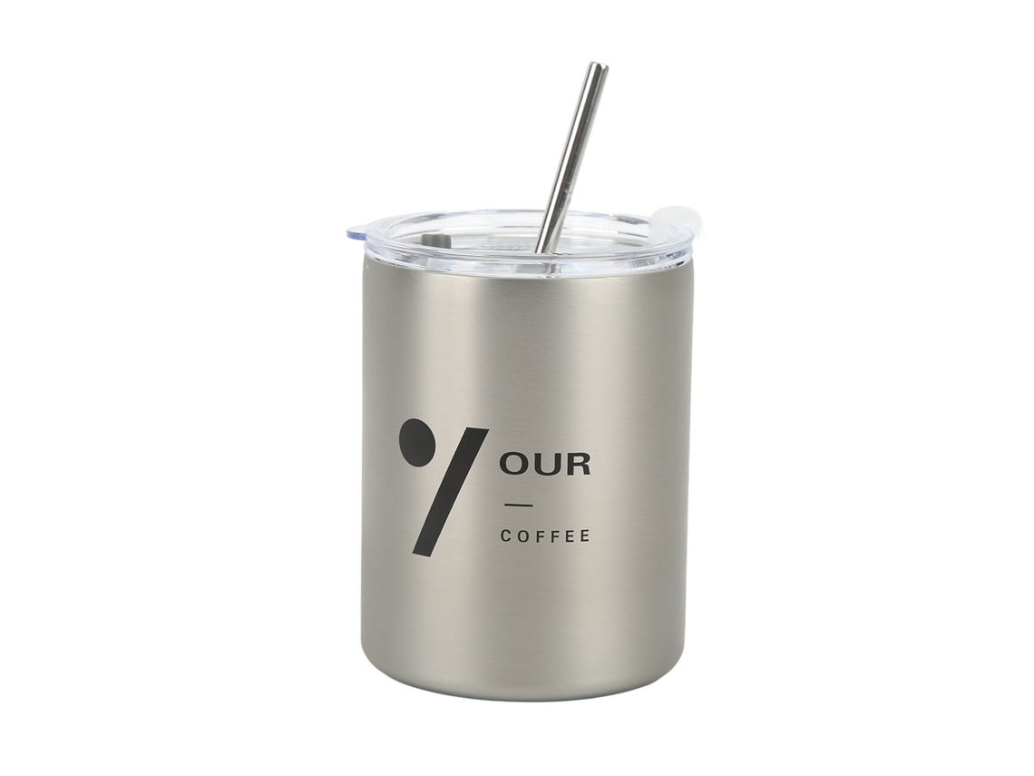 Taza De Café De Acero Inoxidable 12oz 320ml Portátil Con Tapa Y Pajita Aislada Para Viajes Plata