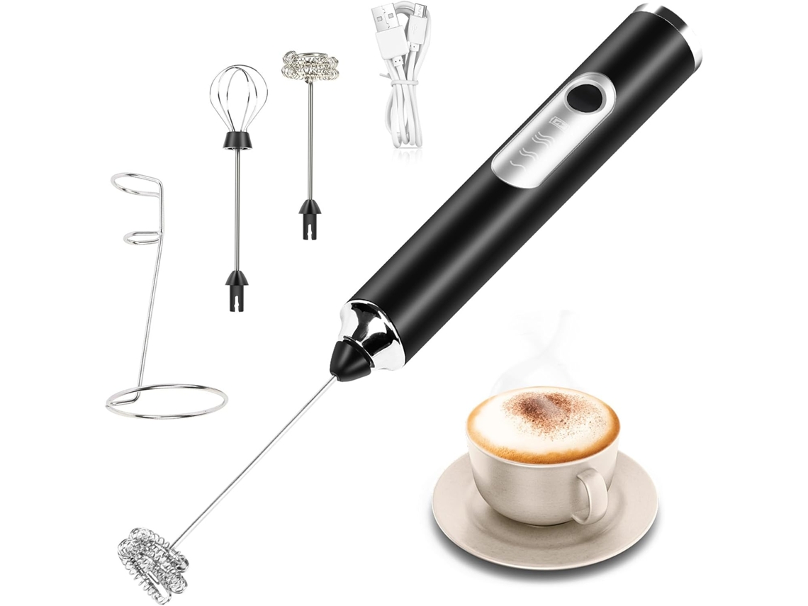 Espumador de leche, batidora eléctrica con tres velocidades ajustables, ideal para café, capuchino, chocolate caliente y huevos (negros) Cuich