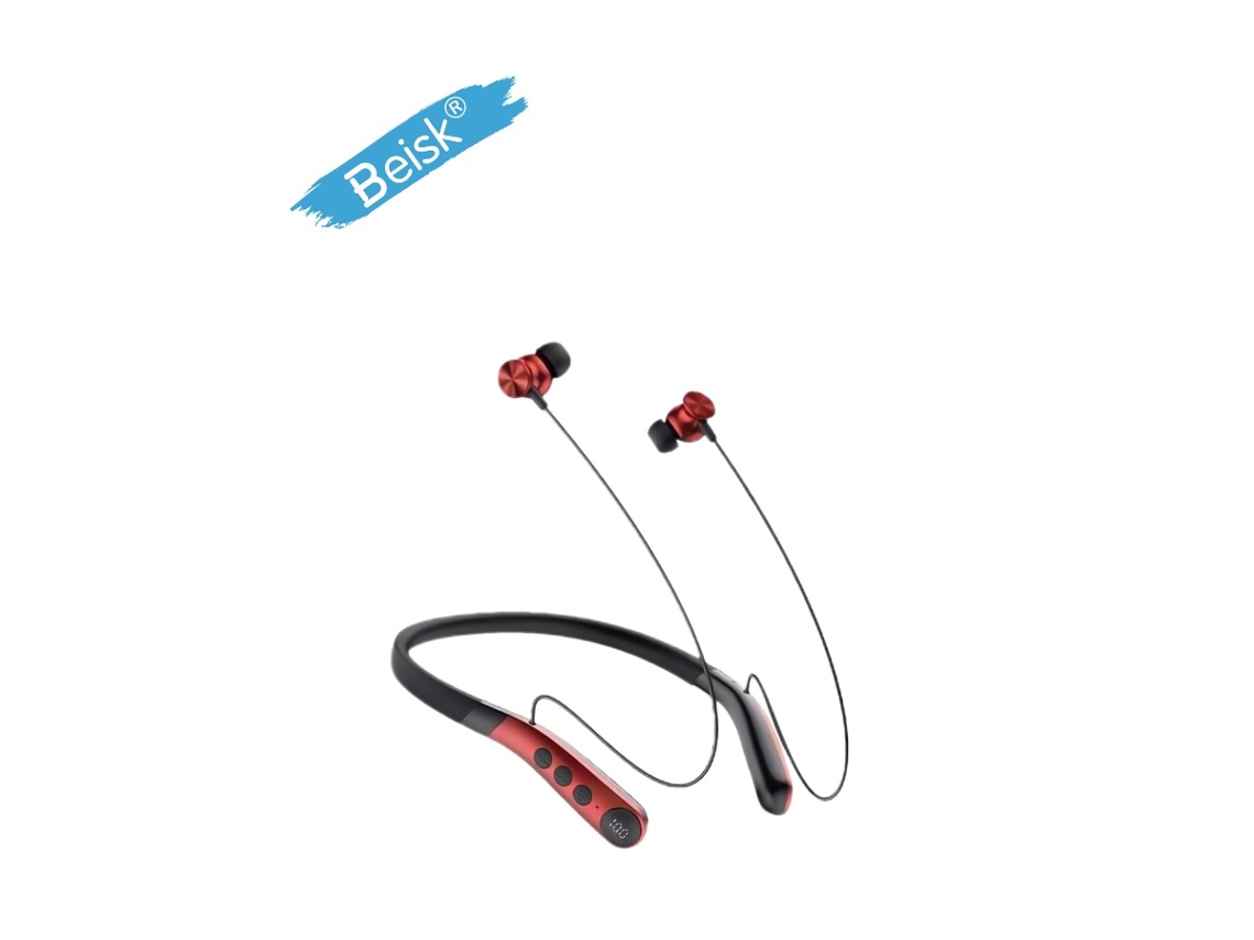 Auriculares Bluetooth con banda para el cuello, deportivos, inalámbricos, con pantalla digital roja y negra, Beisk