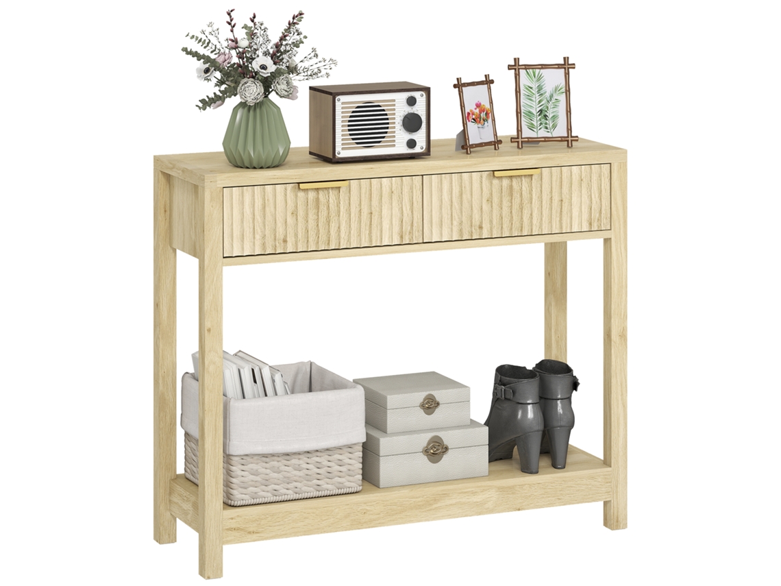 Consola estrecha CHEZMOI de 90 cm con 2 cajones, 1 estante, estilo moderno, madera natural.