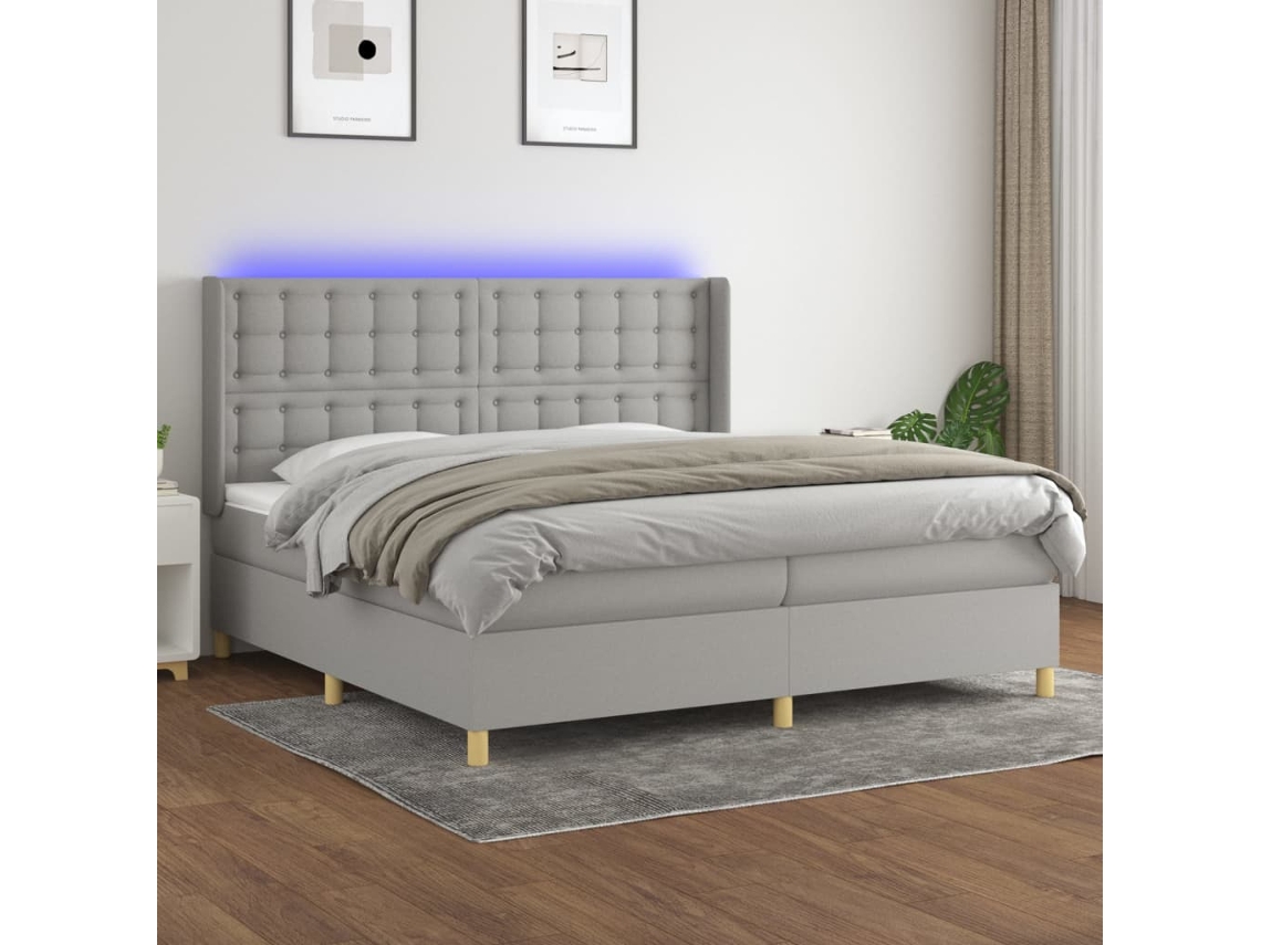 Cama Box Spring Con Colchón Tela Y Led Gris Claro 200x200 Cm