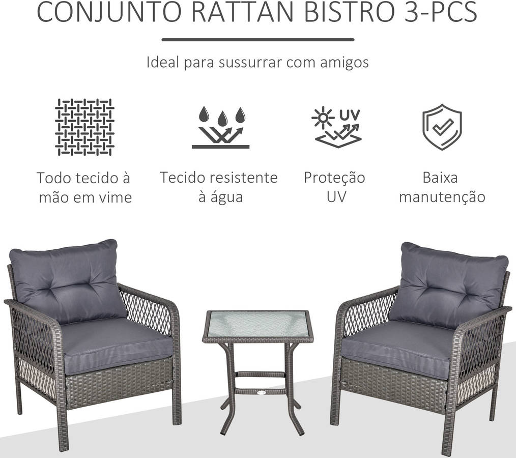 Outsunny Conjunto De muebles 3 piezas 2 sillones 65x66x75 cm y mesa vidrio templado 50x50x50 cojines acolchados para terraza patio