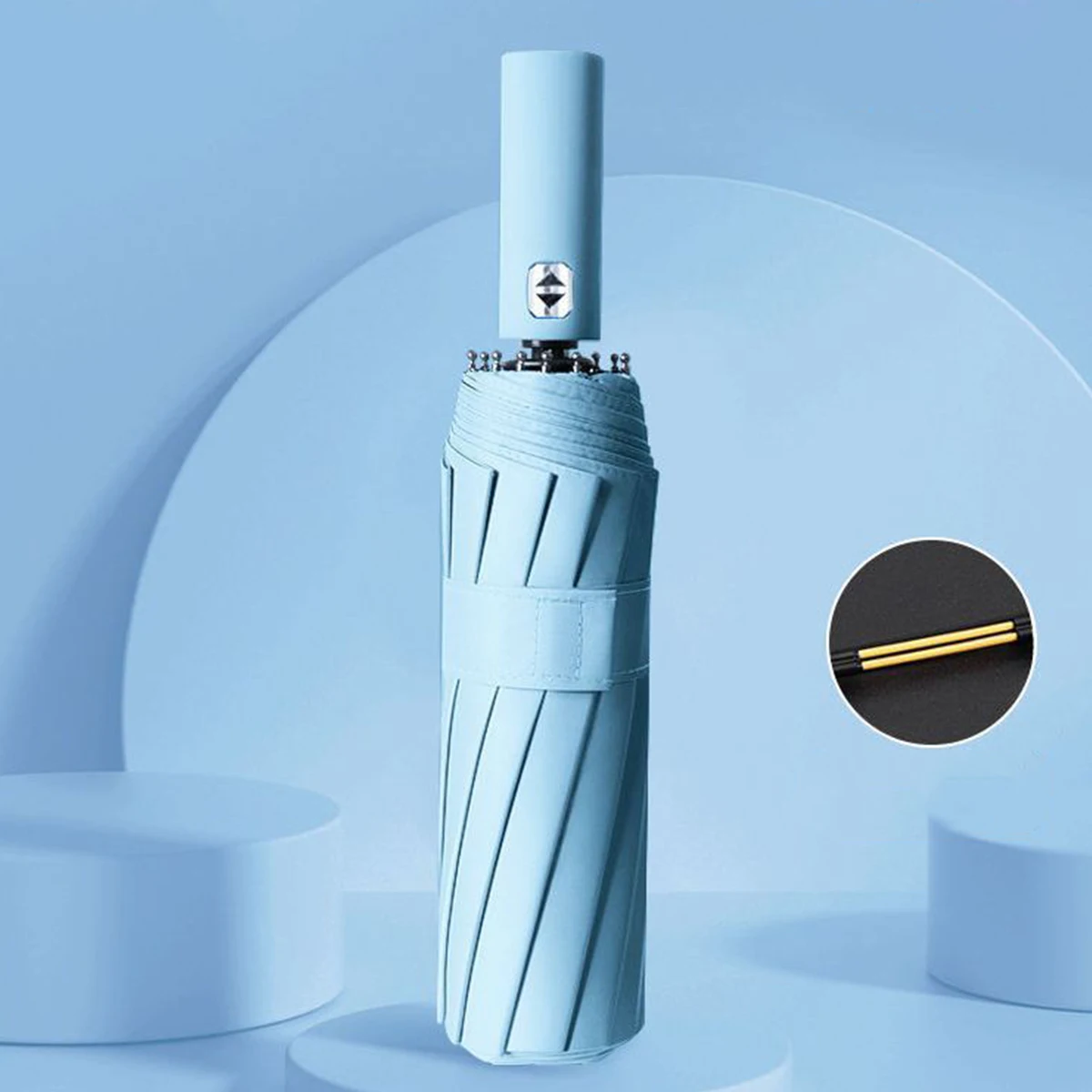 Paraguas automático de vinilo negro (azul cielo), con 12 varillas, varillas dobles, reforzado y duradero, tres capas.