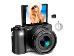 Cámara Digital 4k De 64 Mp, Batería De 2000 Mah, Pantalla Abatible De 180º, Enfoque Automático (negra).