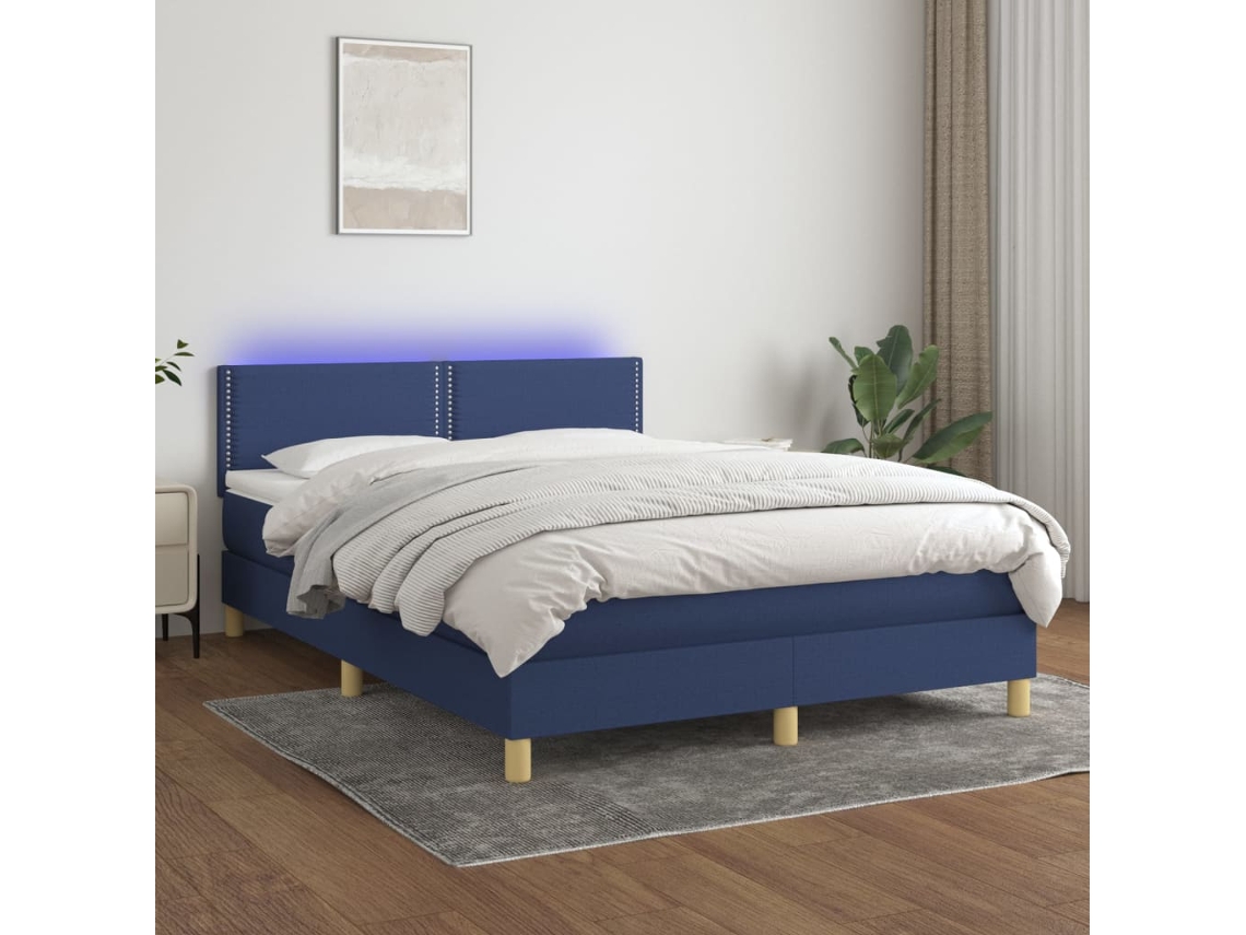 Cama Box Spring Colchón Y Luces Led Tela Azul 140x190 Cm