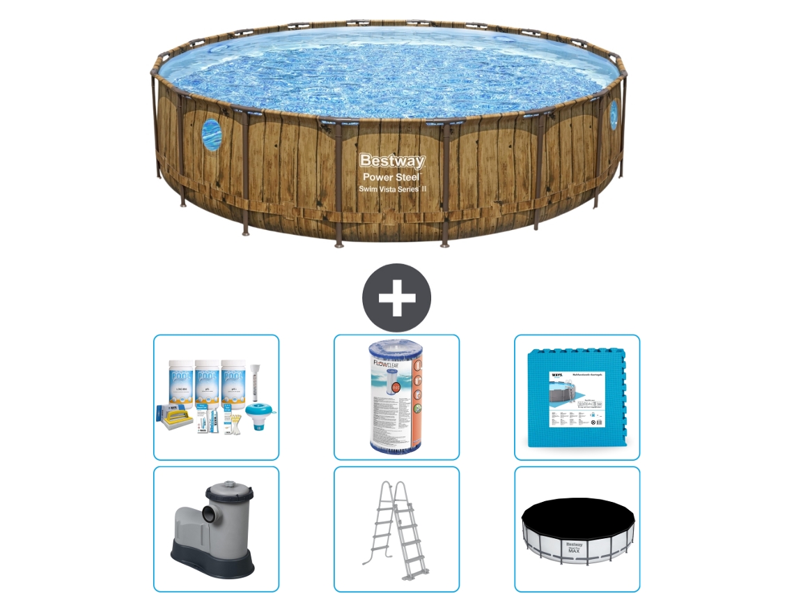 Piscina BESTWAY Round Power Steel Swim Vista - Impresión en madera - 549 x 122 - Incluye bomba - Escalera - Cubierta Accesorios CB30