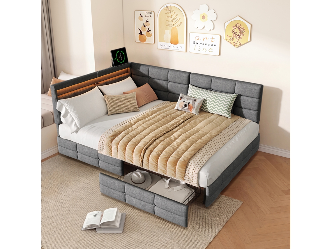 Sofá Cama En Forma De L, Tapizado, De 90x200 Cm, Con Puerto De Carga Usb Y Luz Led, Con 2 Cajones De Almacenamiento, Tejido De Lino, Color Gris