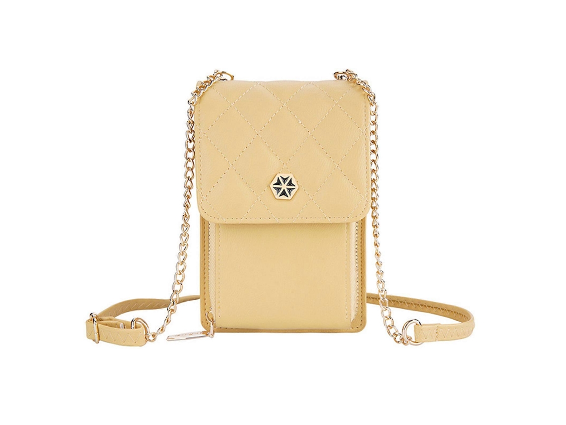 Bolso bandolera pequeño para mujer, ideal para teléfono móvil, tarjetas de crédito y otros artículos. Incluye cadena y monedero. Color amarillo.