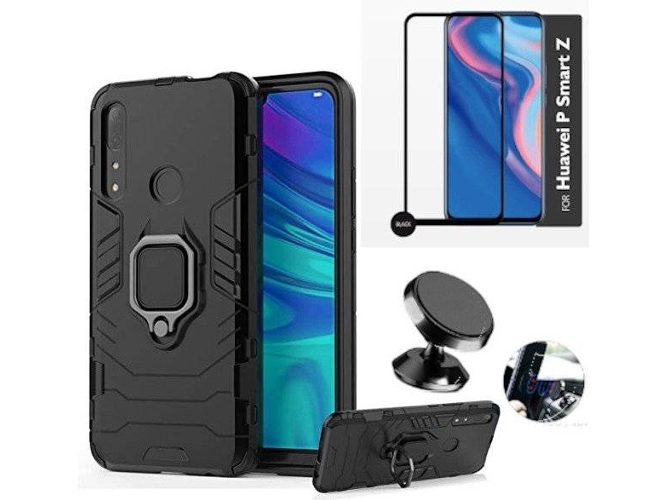 Kit Carcasa, Protector de Cristal 5D Full Cover y Soporte Magnetico Huawei P Smart Z Defender Negro