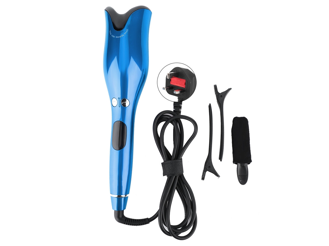 Plancha De Rizado Automática Antiquemaduras Con Display Lcd Y Cerámica Giratoria Azul Para Cabello