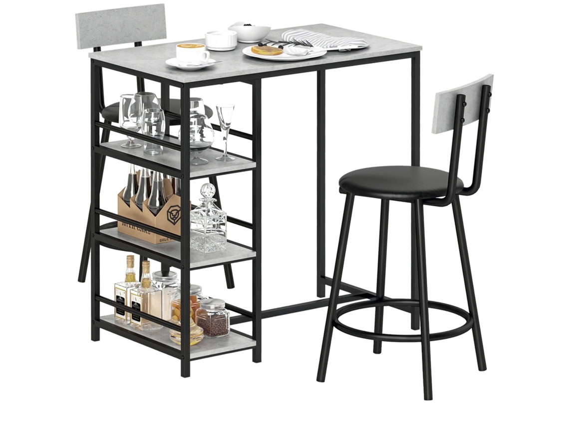 Juego De Comedor Con Mesa Alta, 2 Taburetes, Estantes De Almacenamiento, Gris Y Negro.