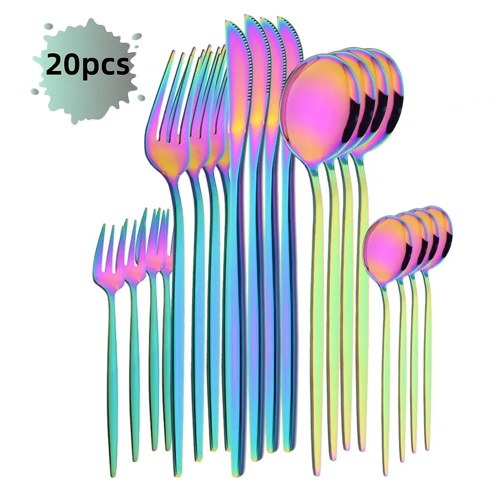 Cubiertos De Acero Inoxidable (de Colores, Juego De 20 Piezas), Pulidos A Espejo, Perfectos Para El Hogar, Restaurantes Y Bodas.