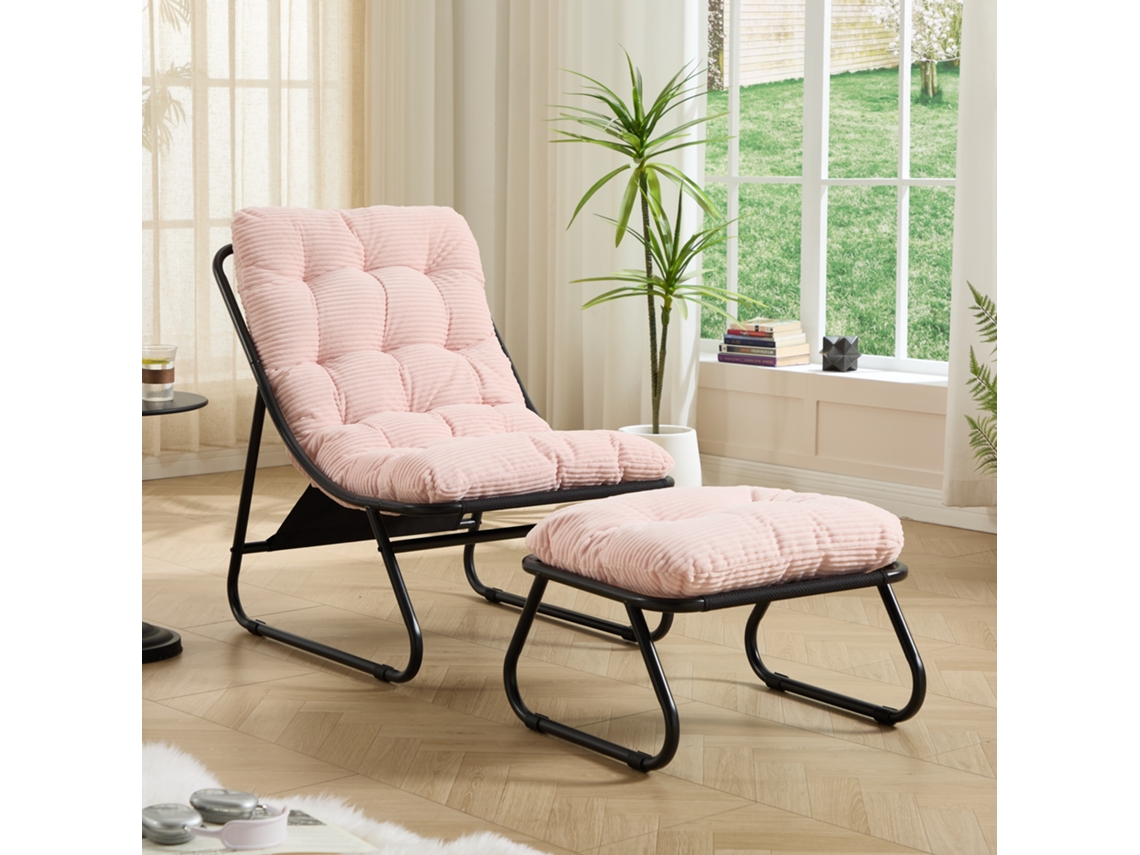 Sillón De Jardín Con Reposapiés, Reclinable, Cojín Negro, Taburete Rosa.