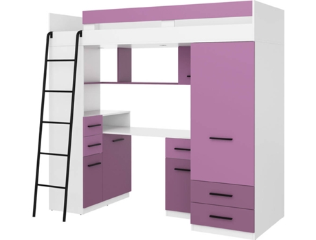 Litera con Escritorio BIM FURNITURE SMYK L Blanco y Morado (Medidas colchón: 80x200 cm)