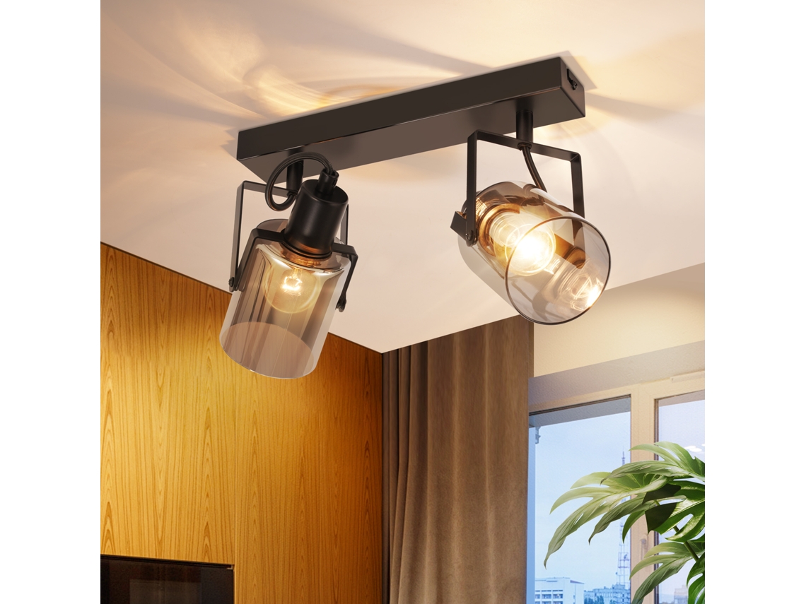 Foco de techo vintage negro de 2 bombillas de cristal, E14, estilo retro Nettlife