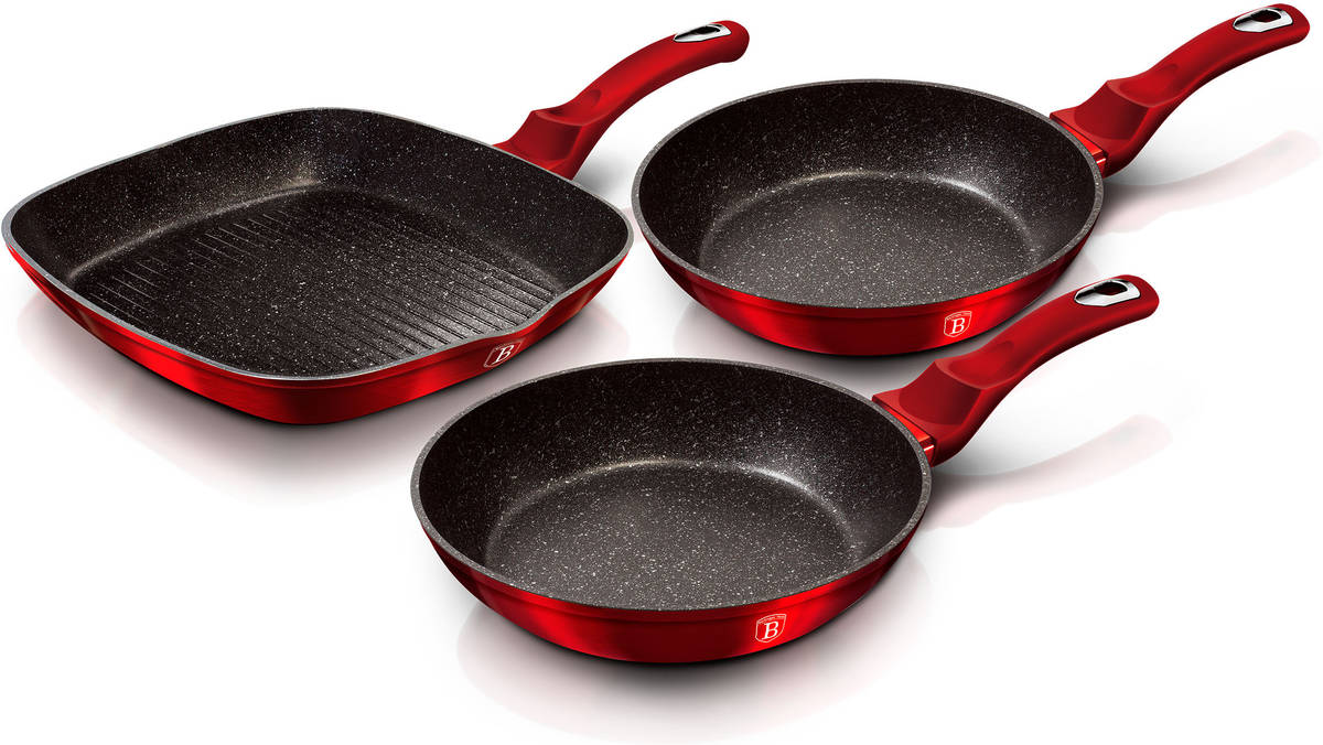 Berlinger Haus Bh1289nf burgundy juego 2 sartenes y grill 202428cm aluminio forjado antiadherente marmol sin pfoa diseño metallic rojo berlingerhaus set 3un 2024cm 28cm