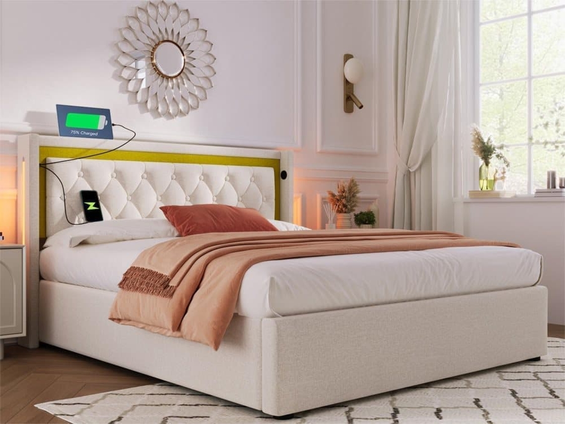 Cama Con Almacenaje De Algodón De 160x200 Cm Con Led Y Puertos Usb - Con Somier - Beige