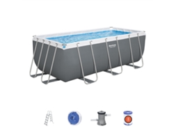Piscina tubular rectangular Bestway Power Steel de 412 x 201 x 122 cm con depurador de cartucho, escalera y dosificador de químicos, color gris