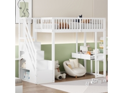 Cama alta de 90 x 200 cm, mesa multifuncional, escalera de almacenaje segura, estructura de madera de pino, muebles blancos
