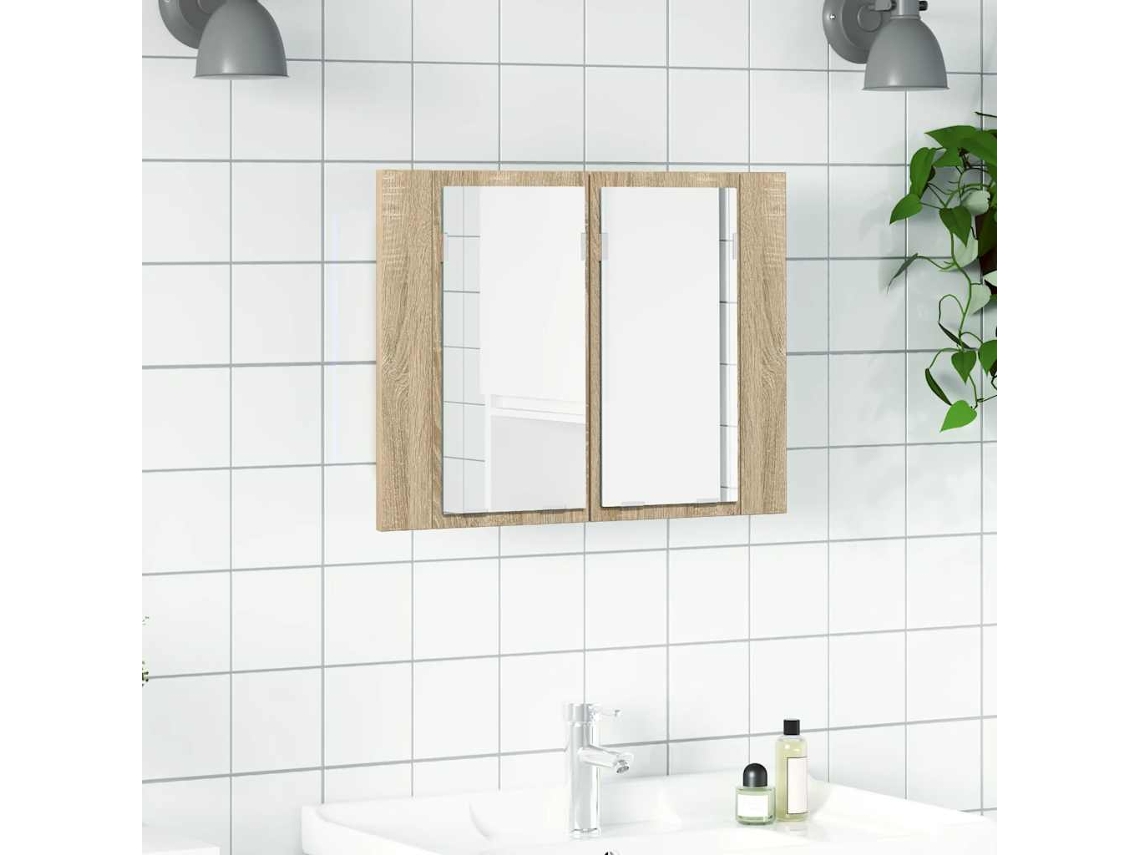 Armario de baño con espejo, acrílico LED, acabado en roble, Sonoma