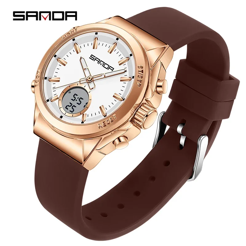 Elegante Y Casual Reloj Electrónico Para Mujer Con Alarma, Luminoso, Resistente Al Agua, Doble Pantalla Y Funciones Multifuncionales.