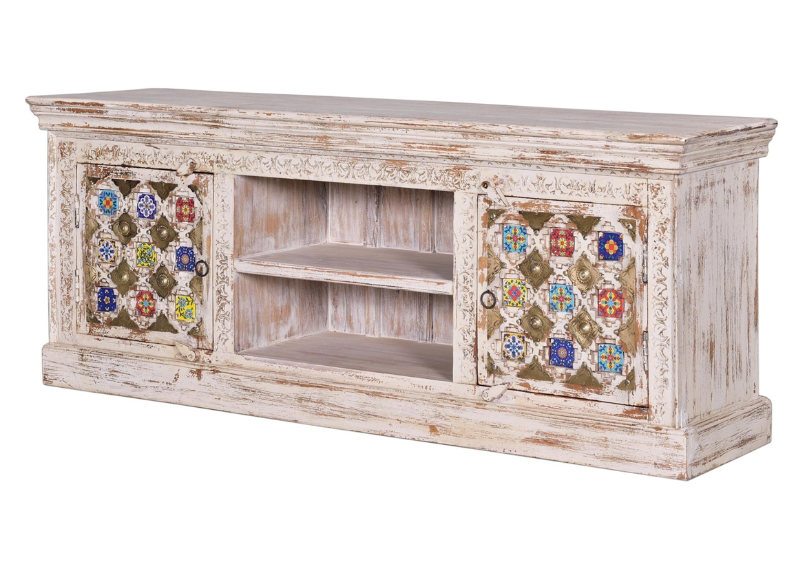 Mueble de tv madera de mango detalles en cerámica y bronce. Blanco.GINER Y COLOMER 60x40x150