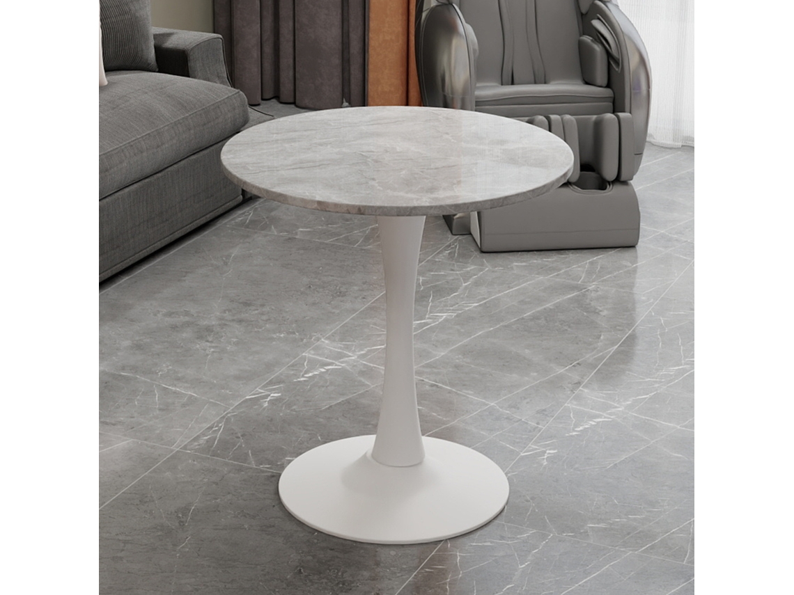Mesa De Centro 70 Cm - Estilo Moderno Vintage, Tablero Redondo De Mármol Gris Claro, Blanco