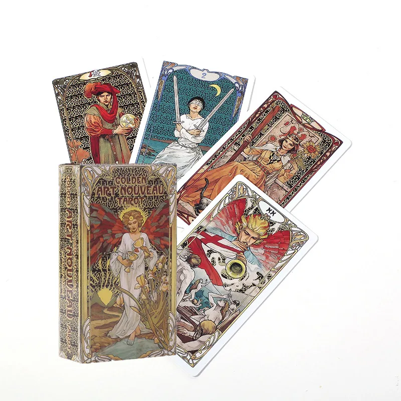 Baraja De Tarot Estilo Art Nouveau Dorada, 78 Cartas, Con Carta Guía De Cortesía.
