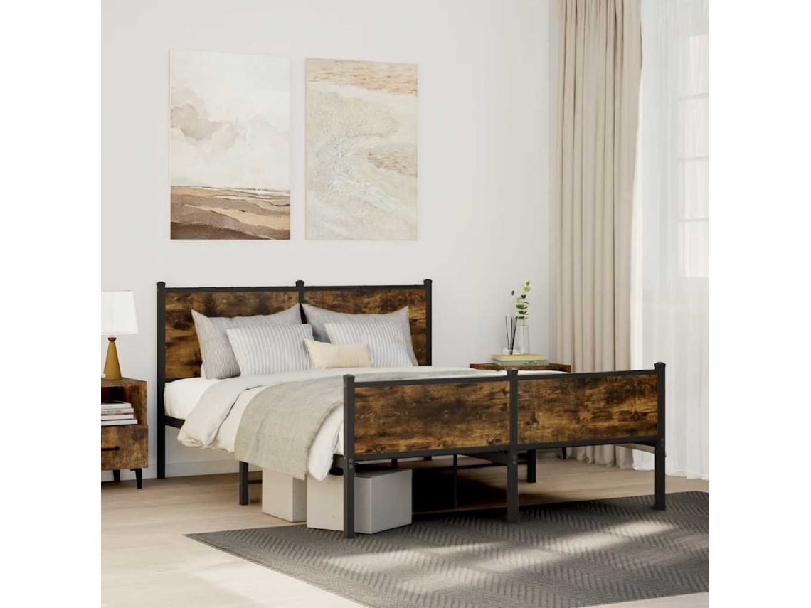 Estructura De Cama Sin Colchón Metal Roble Ahumado 150x200 Cm