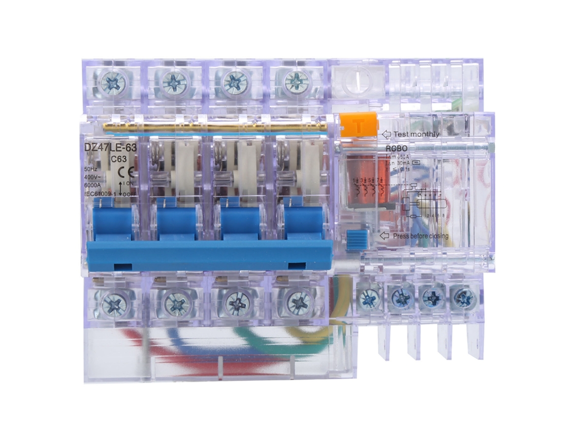 Disyuntor De Fugas De Nivel Transparente Dz47le‑63 4p C63 Para Hogar Mini Protección Eléctrica