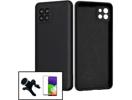Kit Protector de Cristal Templado 5D Full Cover, Funda Silicona Liquida y Soporte Magnético de Coche Reforzado Samsung Galaxy M22 PHONECARE Negro