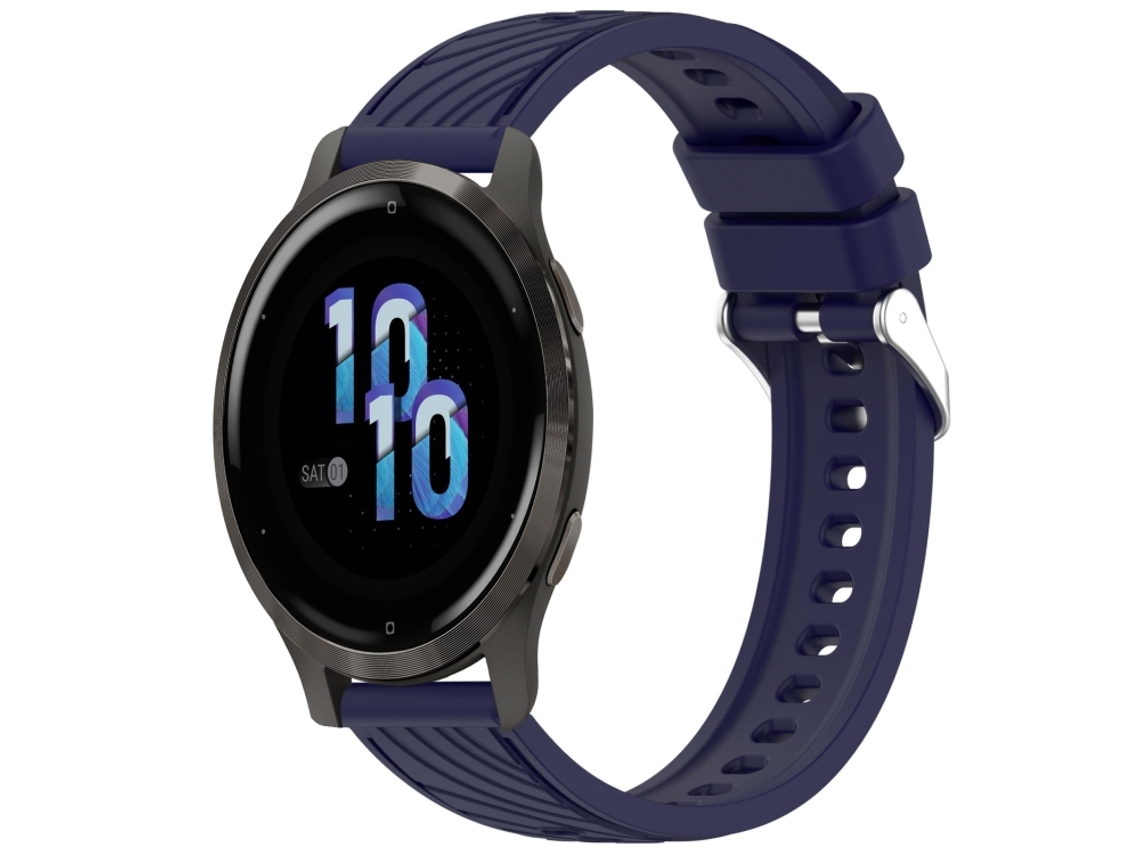 Bracelete Para Garmin Venu 2s (18mm) - Silicone - Textura Listrada - Fivela De Aço Prate Azul Meia-noite