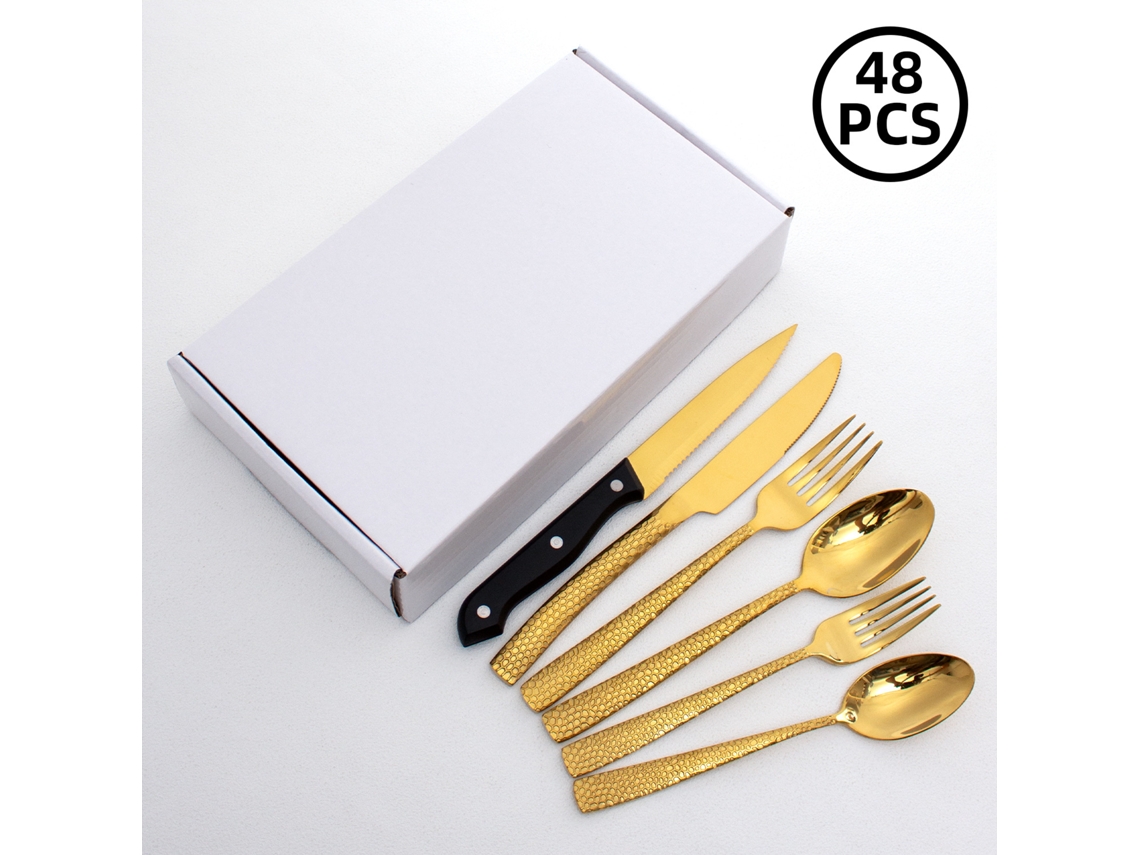 (juego De 48 Piezas - Dorado) Juego De Cubiertos De Acero Inoxidable Martillado Con Mango Cuadrado, Acero Inoxidable De Alta Resistencia.